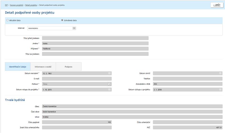 Mezi schválenými a aktuálními daty lze libovolně přepínat. Upozornění: Aby se do schválených dat promítly změny provedené v aktuálních datech, je potřeba vždy znovu Schválit seznam podpořených osob.
