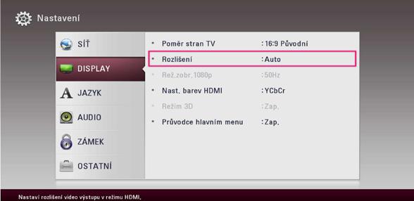 16 Připojení 2 Připojení Nastavení rozlišení Přehrávač poskytuje několik možností výstupního rozlišení pro konektory HDMI OUT. Můžete změnit rozlišení pomocí nabídky [Nastavení]. 1.