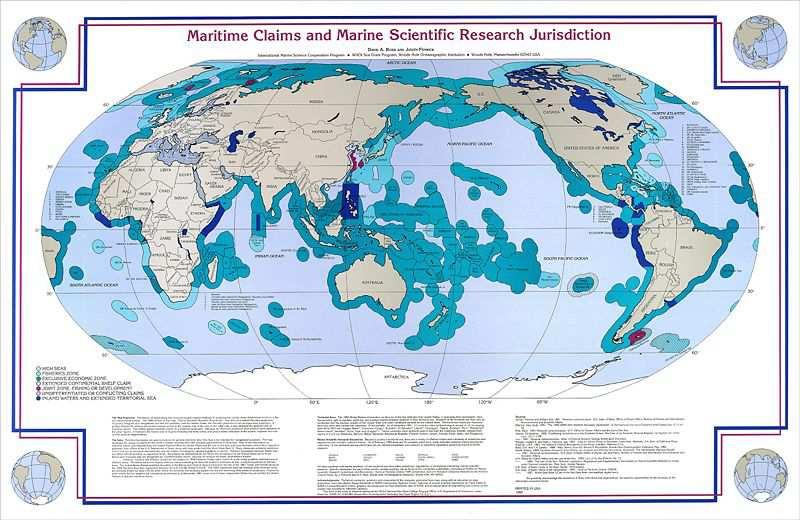 Právní režim oceánů (UNCLOS) Oblasti spadající pod jurisdikci pobřežních států kontinentální šelf (continental shelf), též pevninská mělčina = mořské dno a podzemí za hranicemi teritoriálních vod po
