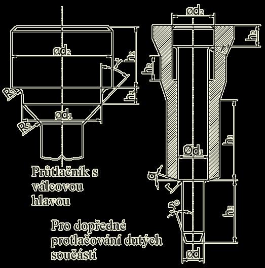22) do kterých je průtlačnice vložena, nebo ji lze navrhnout složenou ze dvou částí. Nejčastější tvar redukční části je kužel.