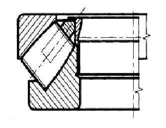 45 Konstrukce axiálního soudečkového ložiska ( M, EM ) Konstrukce J standardní konstrukce ložiska s lisovanou klecí z ocelového plechu vedenou na hřídelovém kroužku