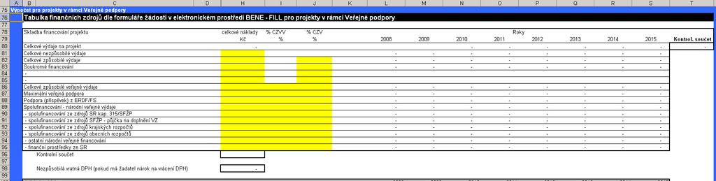 Obrázek 32: List Zdroje financování Veřejná podpora, tabulky finančních toků 227 Nejprve musí Zpracovatel analýzy zadat všechna relevantní data do elektronického formuláře žádosti BENE-FILL.