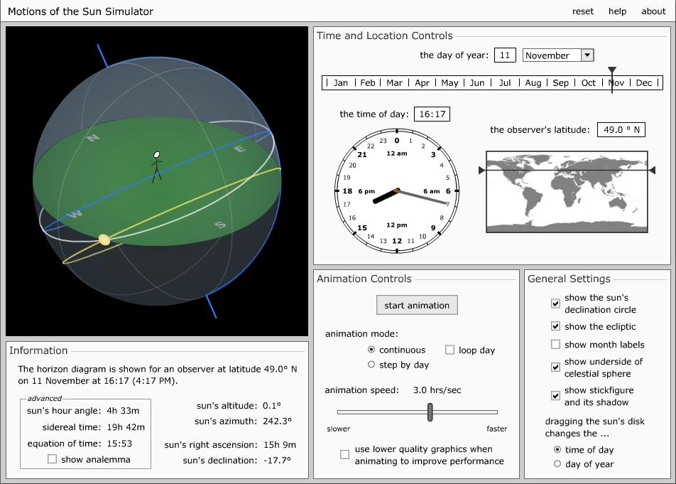 3. Využijte nyní simulátoru pohybu Slunce na adrese http://astro.unl.edu/classaction/ animations/coordsmotion/sunmotions.html.
