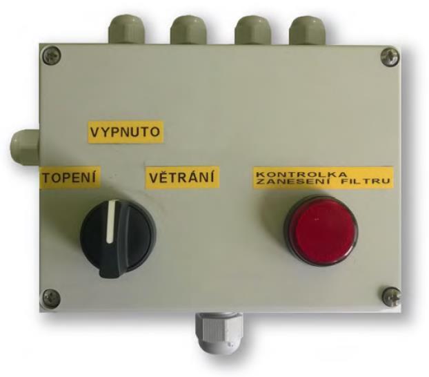 5. Regulace 5.1. Ovládací skříňka OSK102 topení / větrání / vypnuto protimrazová ochrana signalizace zanešení filtru Popis funkcí: Regulační box slouží pro ovládání jednotek Kalormax. 5.1.1. Funkce topení Tento režim zajišťuje vytápění prostoru dle dané teploty nastavené na termostatu.