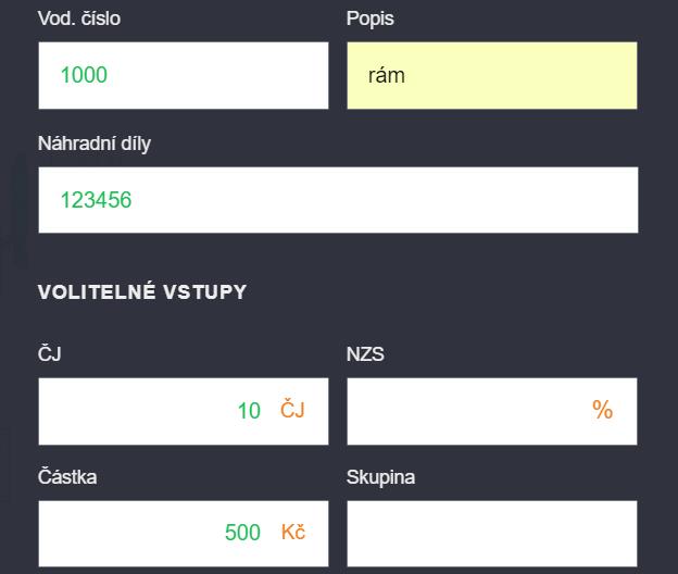 Povinné vstupy: vodicí číslo, operace a popis.