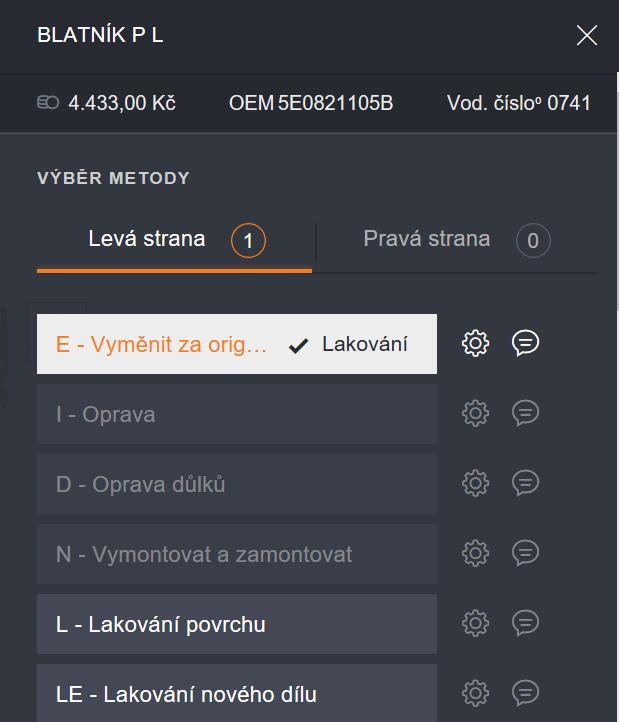 Kliknutím na ozubené kolo zobrazíte panel vstupů (mutace ceny dílů, práce, atd.), jestliže je operace již vybrána. Kliknutím na ikonu komentáře zobrazíte okno s poznámkami.