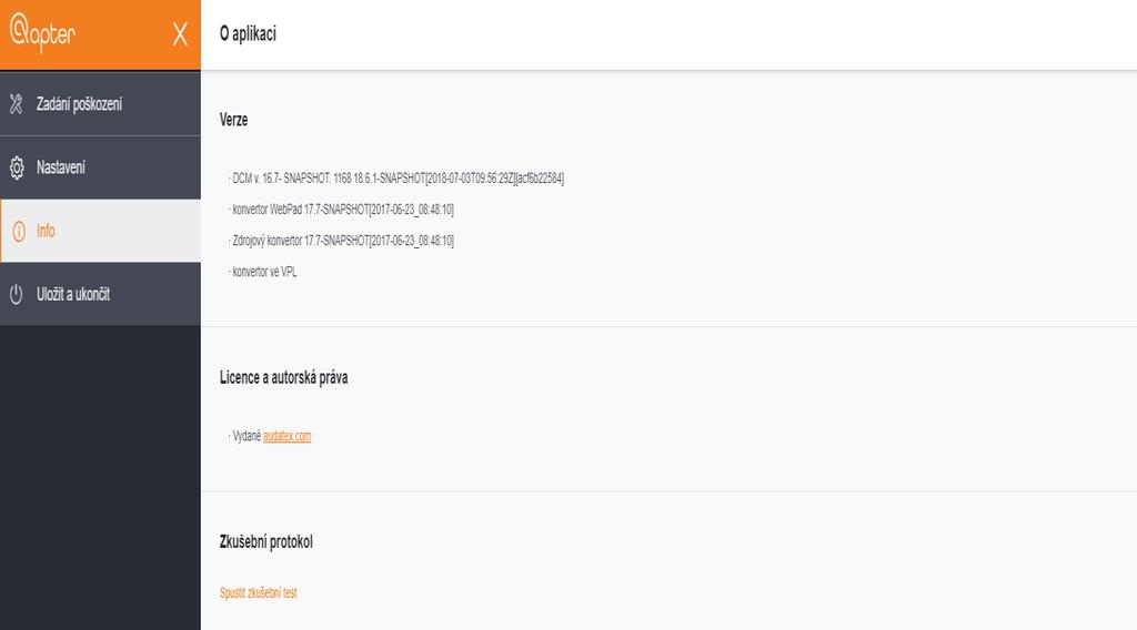 11.COLLAPSIBLE MENU 11. SKLÁDACÍ MENU Toto sklopné menu zobrazuje další možnosti pro aplikaci Kliknutím na možnost "Záznam poškození" nebo ikonou křížku skryjete nabídku a vrátíte se do aplikace.