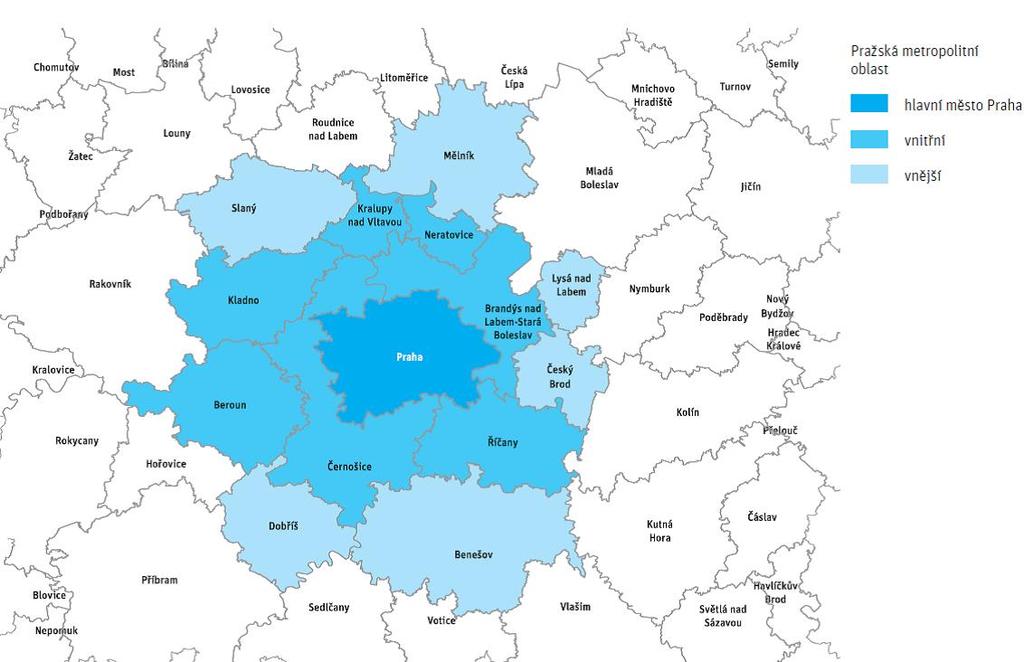 Druhý obrázek ukazuje vymezení ORP Černošice v kontextu Pražské metropolitní oblasti (PMO).