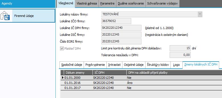 Obr. 01 Firemné údaje Zmeny lokálnych IČ DPH Toto nastavenie je kľúčové pre prácu s dokladmi spadajúcimi do jednotlivých časových intervalov. 3.