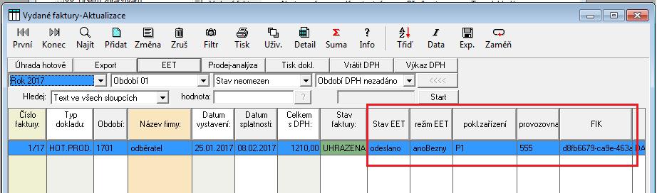 Po stisku tlačítka EET bude zahájena komunikace se serverem EET a zobrazí se