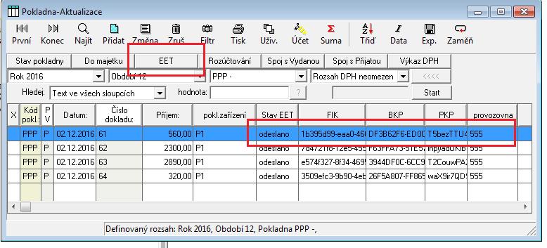 obrázek 5. Pro odeslání dokladu do EET a následné obdržení FIK stačí stisknout tlačítko EET.