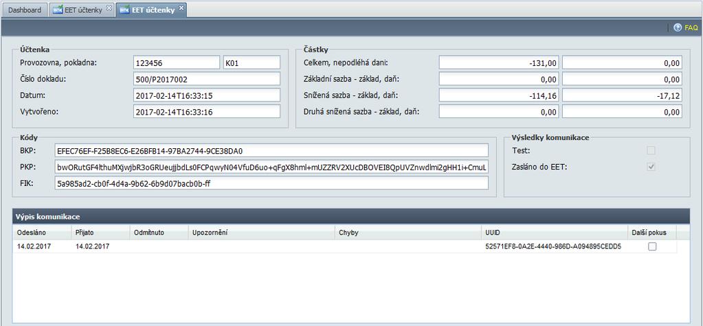 Detail záznamu obsahuje kompletní data odeslaná do registru EET (i data, která se na účtenku