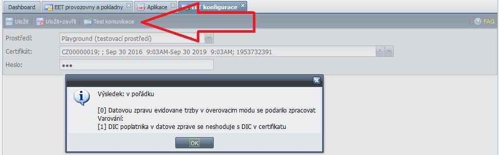 Po uložení dat!!! Je možné otestovat komunikaci s EET. Tlačítko pro test naleznete v horním toolbaru.