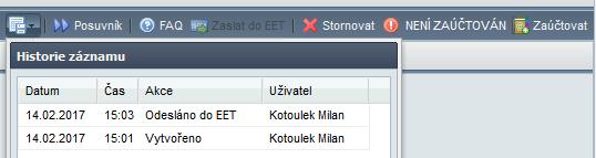 níže). Informace o odeslání jsou rovněž zapsány do historie dokladu. Doklad, který by měl být odeslán do EET, neumožňuje použít tlačítka Uložit a zavřít nebo uložit a nový.