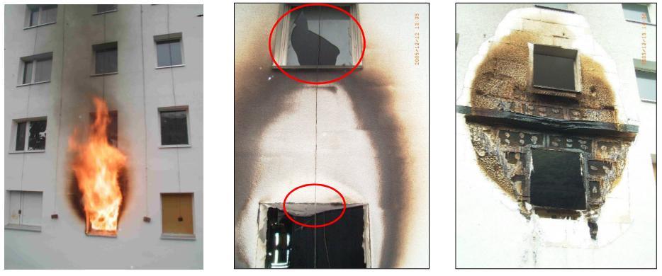 Simulace požáru v bytovém domě Plně rozvinutý oheň sahá až k rámu okna vyššího podlaží Výsledek působení ohně na okno vyššího