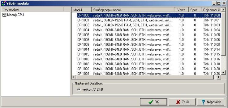 Standardně je přiřazena centrální jednotka CP 1004 Obr. 1.9 (3). Obr. 1.10 Výběr modulu V otevřeném okně označíme jednotku, kterou používáme v programu.