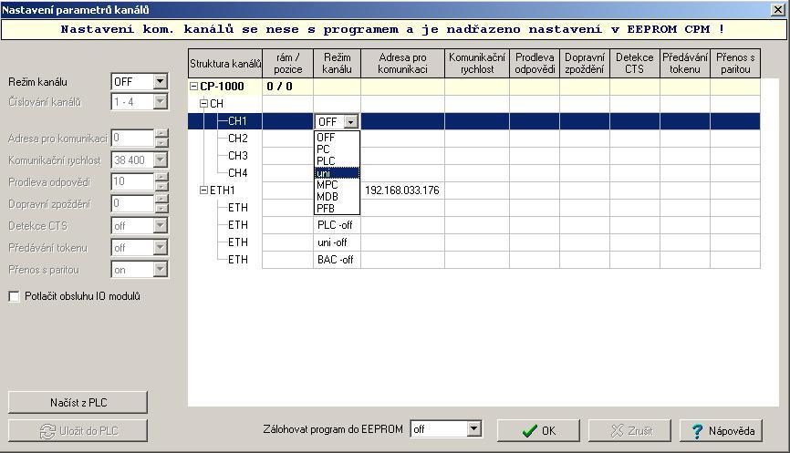 Programování Začneme založením nového projektu a nastavením centrální jednotky na námi používanou CP 1000.