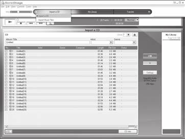Přenášení Import audio souborů do vašeho počítače Pro import audio souborů ze zvukového disku CD Nahrávání a ukládání skladeb audio dat z disku CD do knihovny [My Library] programu SonicStage.