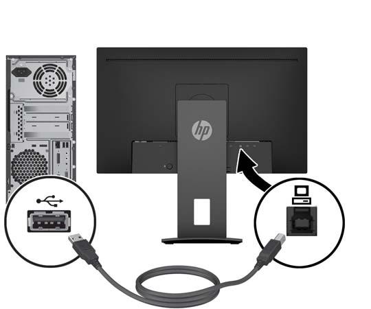 4. Připojte konektor typu B kabelu pro odchozí data do portu USB pro odchozí data na zadní straně monitoru. Potom připojte konektor typu A kabelu do portu pro příchozí data na zdrojovém zařízení. 5.