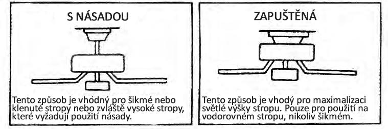 MONTÁŽ VENTILÁTORU VOLBA TYPU MONTÁŽE VAROVÁNÍ: Ventilátor musí být na montován tak, aby mezi podlahou a lopatkami bylo alespoň 2,1 metru. MONTÁŽ S POUŽITÍM NÁSADY 1.