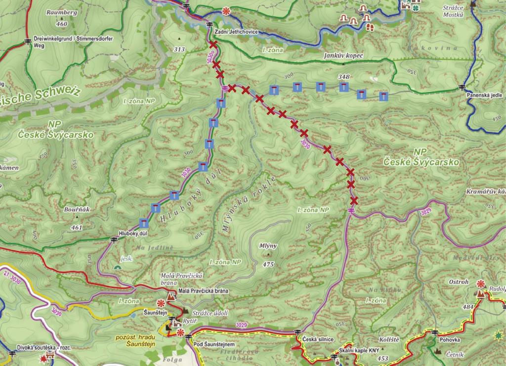 v Zadních Jetøichovicích. Pøejezd na jízdních kolech po cyklotrase 3030 v první etapì nebude možný. Pìší turisté mohou využít zelenì znaèenou turistickou cestu smìrem k Panenské jedli (tzv.