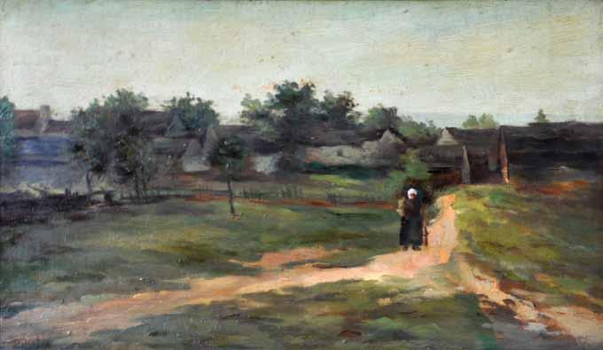 12 12 Václav Brožík (1851 1901) Na cestě olej na dřevě, kolem r. 1886, 26 x 44 cm, sign. LD VBrožík, rám, přiložen odborný posudek PhDr.