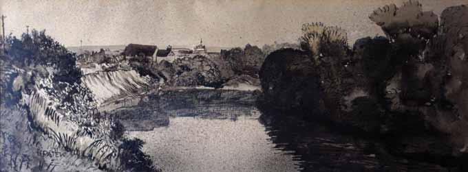 17 17 Emil Filla (1882 1953) Pátek (z cyklu České středohoří) kvaš, papír, 29,5 x 80 cm, rám, přiložen posudek od PhDr. Rey Michalové. Tvorba Emila Filly patří k pilířům české moderní malby 20.