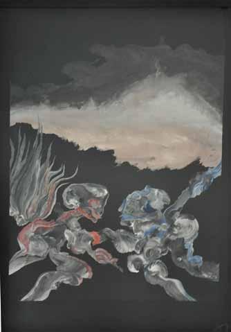 30 Jan Koblasa (1932 2017) Boj dobra se zlem olej, papír, 1977, 60 x 46 cm, monogr. PD, rám, Jan Koblasa, který žil od roku 1968 v Německu, patřil k nejuznávanějším exilovým umělcům.
