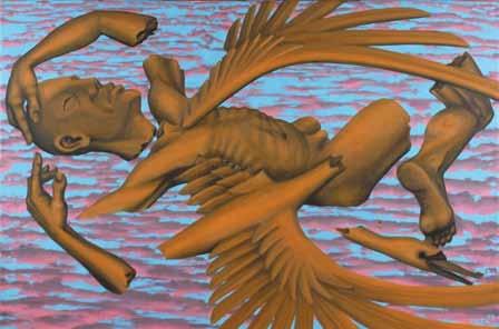 60 MICL (1969) Srážka 60 olej, plátno, 2017, 90 x 135 cm, sign. PD MICL 17, dílo od malíře, působícího dříve ve skupinách Luxsus a Natvrdlí.