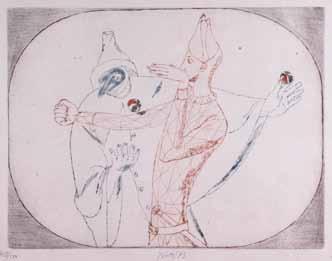 Dítěte na VŠUP v Praze 15 000 Kč ( 600) (30 000-40 000 Kč) 96 Commedia dell arte I. suchá jehla, 1942, 29,6 x 39,2 cm, sign.