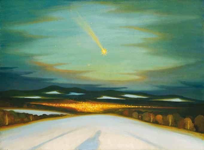 118 118 Jaroslav Valečka (1972) Asteroid olej, plátno, 2016, 80 x 110 cm, další zastánce tradiční techniky olejové malby zaujme především svou sofistikovanou souhrou barvy a světla, hlavních nositelů