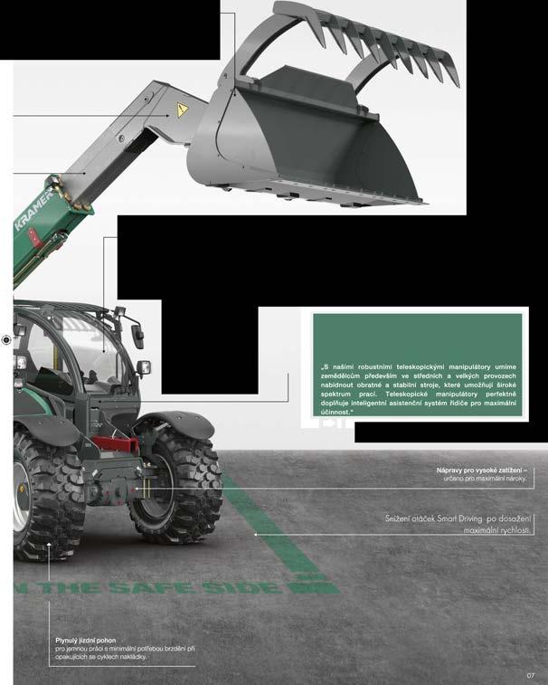 Masivní rychloupínací systém s 50 čepy a tlačítkem pro komfortní odtlakování 3 okruhu. Práce bez únavy díky prostorné komfortní kabině s elektrohydraulickým joystickem pro snížení námahy.