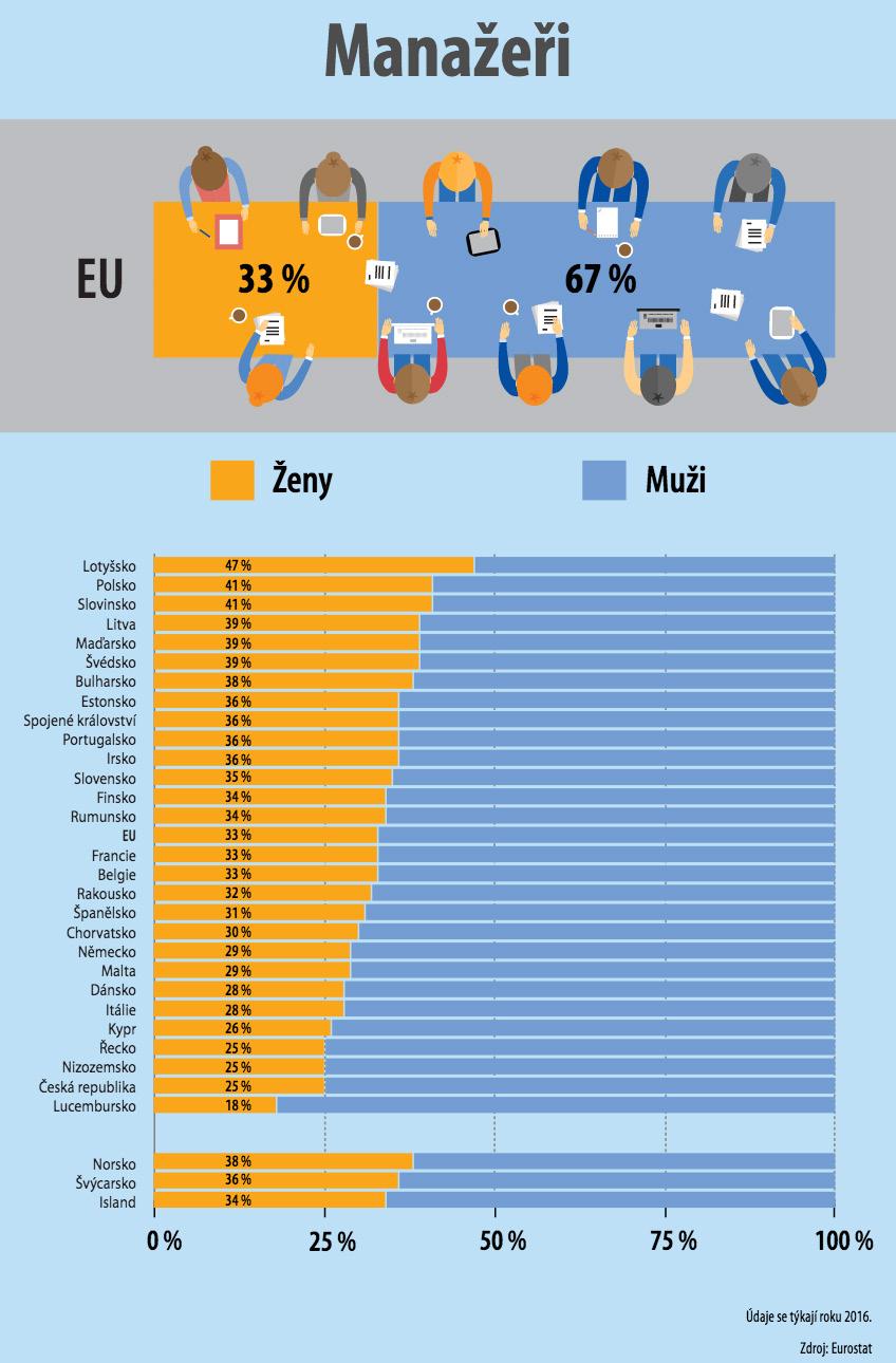 2.3 Kariéra Třetina manažerů v EU jsou ženy V práci obvykle muži zaujímají vyšší pozice než ženy. Například lze vidět, že třetina (33 %) manažerů v EU v roce 2016 byly ženy.