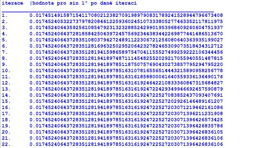 Pro kontrolu použijeme hodnotu, kterou vypočítal program Mathematica sin 1 = 0.0174540643783518194189785163161947570307139646836105.