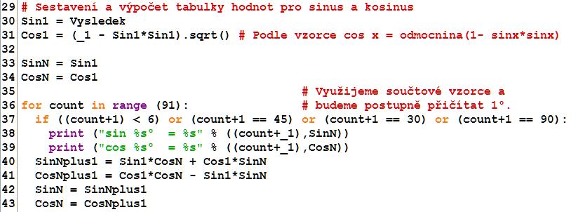 Al-Kášímu tedy pro přesnost 16 desetinných míst stačilo pouhých pět iterací. V poslední části programu na řádcích 30 a 31 uložíme hodnotu sin 1 do proměnné Sin1 a dopočítáme Cos1.