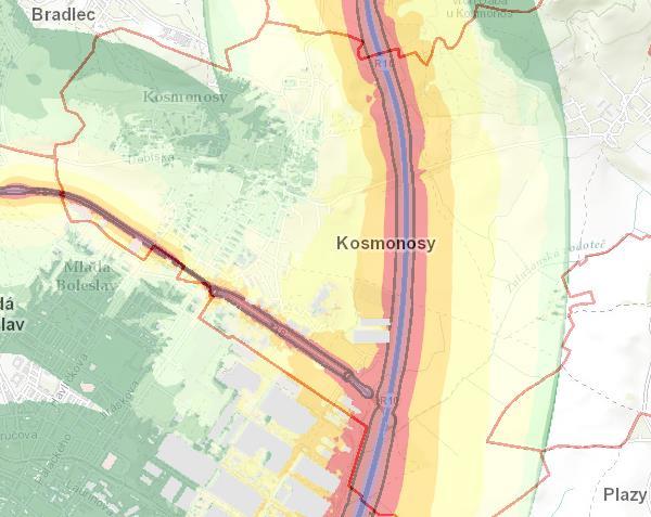 Obrázek 3.6: Hluková mapa 2012 Hluk vyvolaný automobilovou dopravou Zdroj: Ministerstvo zdravotnictví ČR Ochrana před vnějším hlukem je zakotvena v zákoně č. 258/2000 Sb.