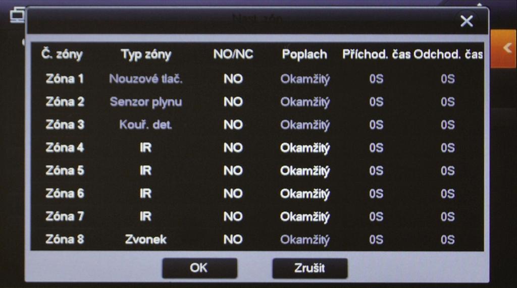 U zón 4-6 nebo zón 4-8(dle typu monitoru) kliknutím na Typ zóny nastavíme požadovaný typ detektoru, nastavíme relé NO/NC dle potřeby, vybereme typ poplachu, případně příchodový a odchodový čas a