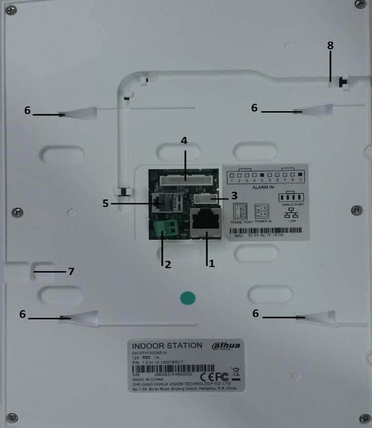 2.2 Zapojení VTH1520AS-H: 1 Konektor RJ45 pro připojení LAN sítě 2 Konektor napájení 12V= 3 Nepoužito 4 Konektor pro 8 alarmových vstupů, připojení tlačítka