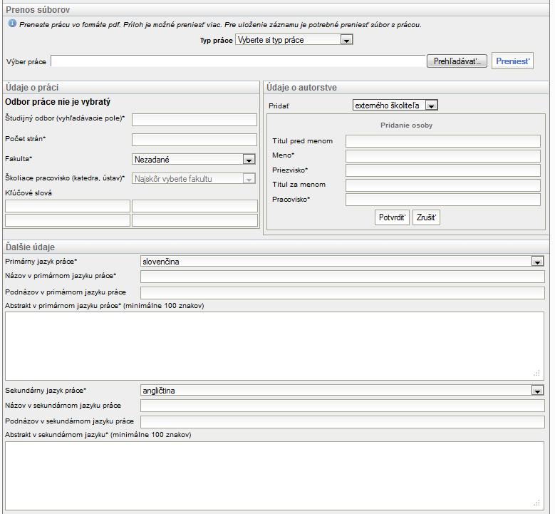 3. V hornej časti formulára je sekcia pre prenos elektronickej verzie ZP vo formáte PDF do systému EZP položka Výber práce. Konečnú verziu záverečnej práce je potrebné previesť na formát PDF.