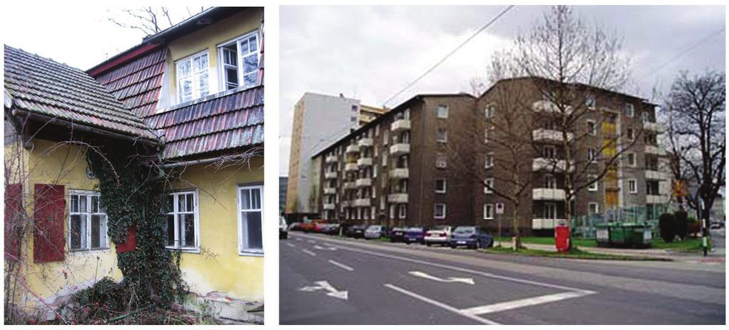 Obr. 1: vlevo: Vilový dům z 19. století před renovací (zdroj: GrAT), vpravo: bytový komplex Linz/Rakousko, před renovací (zdroj: Domenig-Meisinger/Willensdorfer 2007) Podívejte se na toto video!