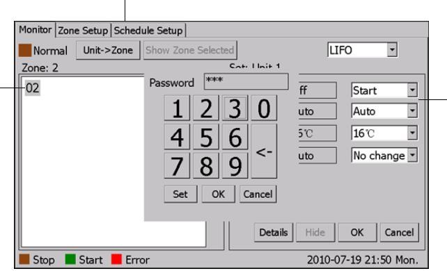 Popis LCD displeje Menu Oblast pro zobrazení čísel jednotek Oblast ovládání Popis tlačítek Monitor: Hlavní obrazovka Zone setup: Nastavení zón Schedule setup: Nastavení týdenního časovače Unit ->