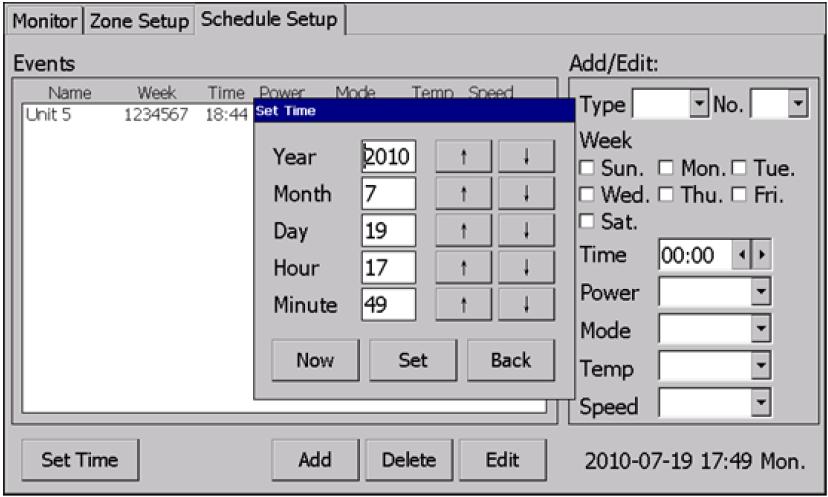 Návod k obsluze Nastavení data a času Stiskněte tlačítko Set Time, objeví se tabulka pro nastavení