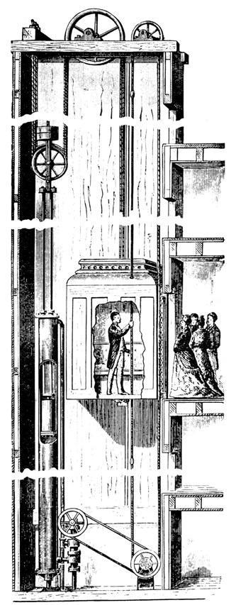 Obr. 1 Historický výtah [7] Výtah jak jej známe dnes, byl poprvé sestrojen v roce 1853. Za jeho zrodem stál Elisha Otis.