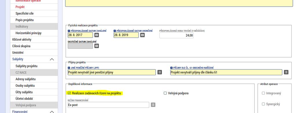 2 Modul Veřejné zakázky Modul Veřejné zakázky se nachází v levém menu projektu v části Informování o realizaci a zobrazí se po zaškrtnutí checkboxu na projektu Realizace zadávacích řízení na projektu.