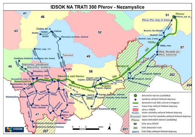 Integrace trati 300 Železniční trať 300 měří v úseku Přerov Nezamyslice celkem 27,9 km. Celkový počet zastávek a stanic na výše zmíněném úseku je 7. Trať má jednu stanici v tarifní zóně 51.