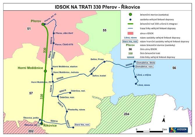 Úsek, ve kterém jsou provozovány vlaky v ZVS OK, je dlouhý 24,6 km, ale integrovaný úsek je dlouhý 27,9 km (27 tarifních km). Stanice Chropyně se nachází na území Zlínského kraje.