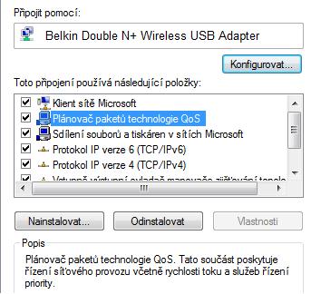 Obrázek 19- povolení podpory QoS na síťovém adaptéru V poslední řadě bylo nutno zkontrolovat, zda je ve Windows7 nainstalována služba Plánovač paketů technologie QoS.