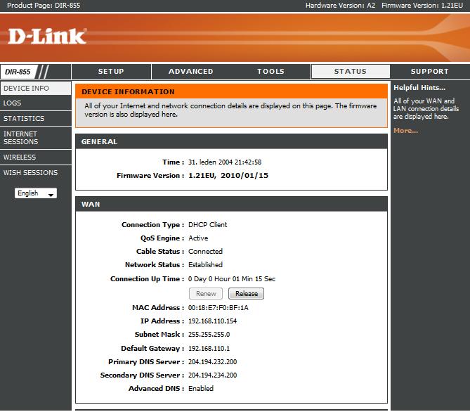 Po připojení k hlavnímu menu přístupového bodu D-Link DIR-855 je zobrazen status o připojení