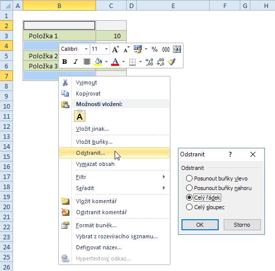 Volba Odstranit / Celý řádek Pozn.