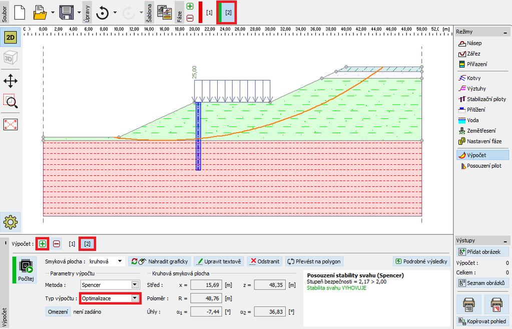 Rám Výpočet Optimalizace smykové plochy po zadání piloty Vidíme, že svah vyhověl na požadovaný stupeň bezpečnosti i při nové kritické smykové ploše.